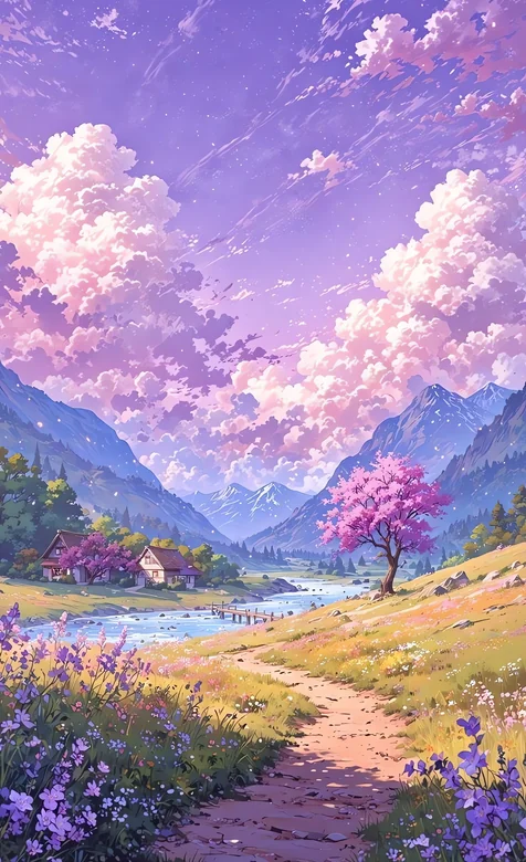 春日山谷粉樱河畔小屋晨景