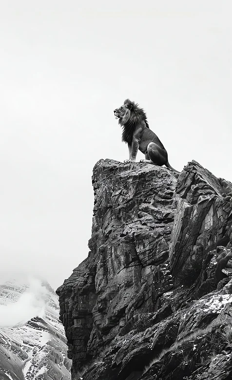 孤狮屹立悬崖之巅 云雾山脉黑白意境