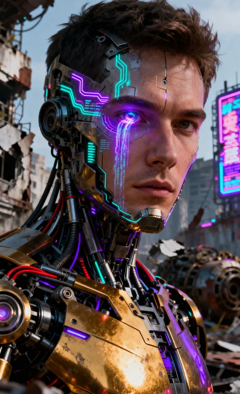 赛博朋克机械人废墟城市霓虹特写