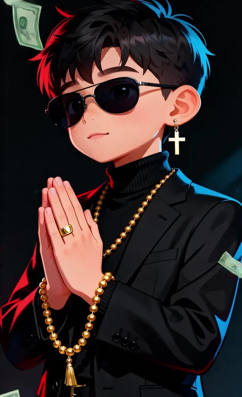 《动漫潮男双手合十祈祷形象 搭配墨镜十字架耳环金色念珠的酷炫风格壁纸》