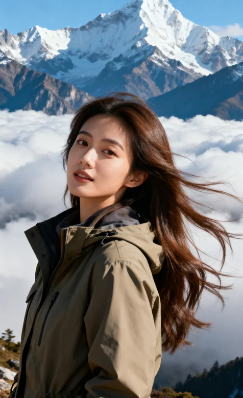 雪山云海间 女子户外自然写真