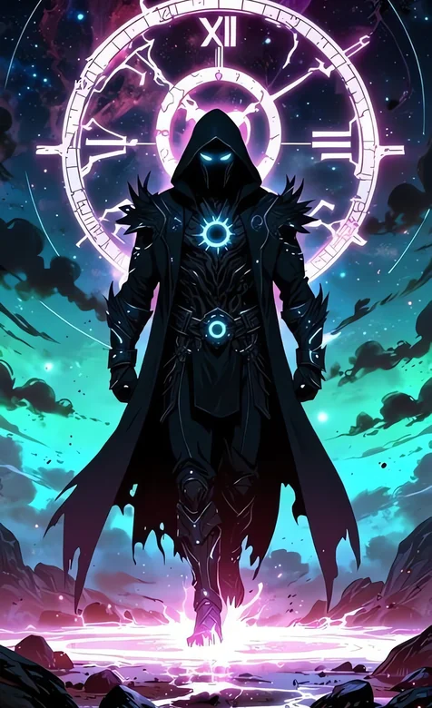 神秘黑袍人立于星空魔法阵