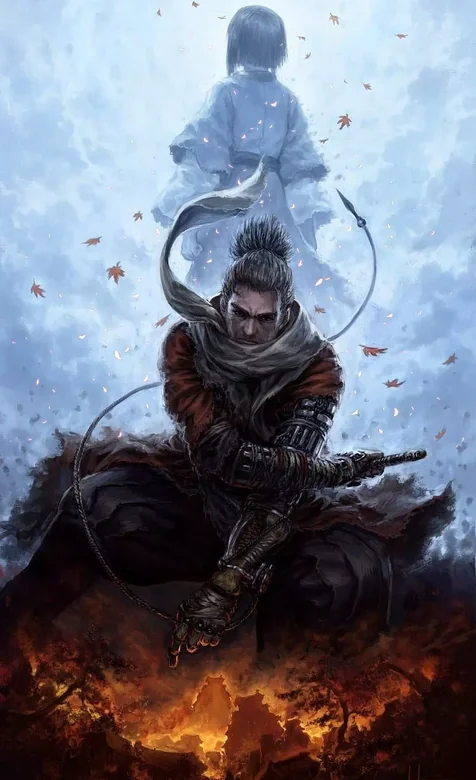 游戏《只狼》武士坐火海望白衣女 古风枫叶武侠插画