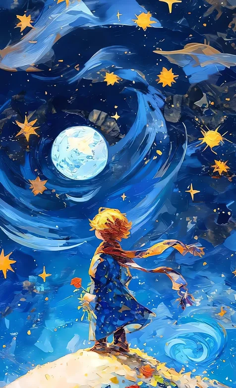 小王子星空下眺望梵高风格插画