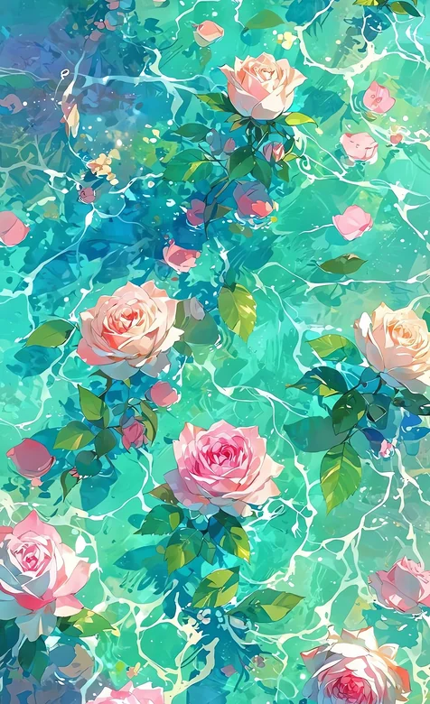 水中粉玫瑰水彩风清新治愈唯美壁纸