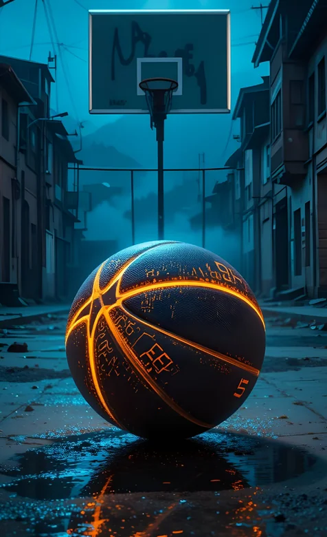 雨夜老街篮球与篮筐倒影