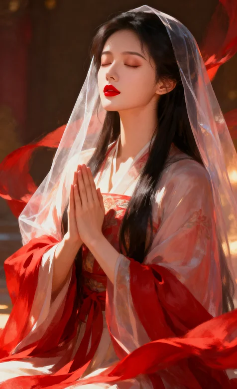 古风汉服女子红纱祈福写真