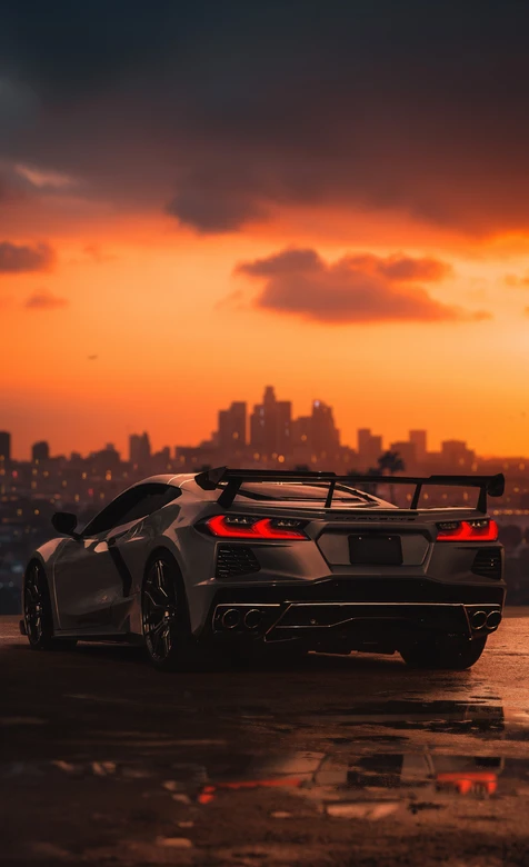 洛杉矶日落跑车城市天际线倒影