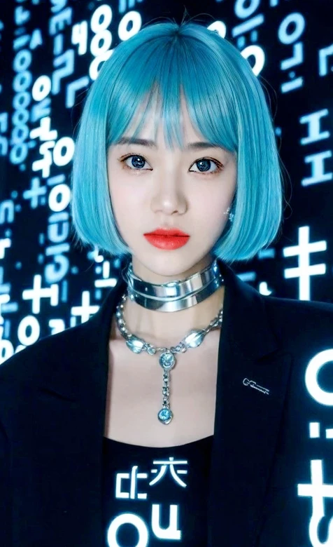 蓝发短发女性 赛博科技风数字背景人像