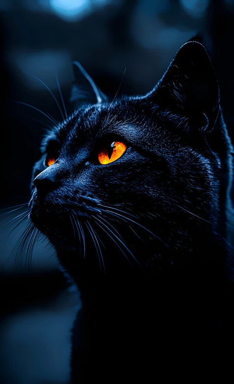 夜幕下橙瞳黑猫凝视夜空