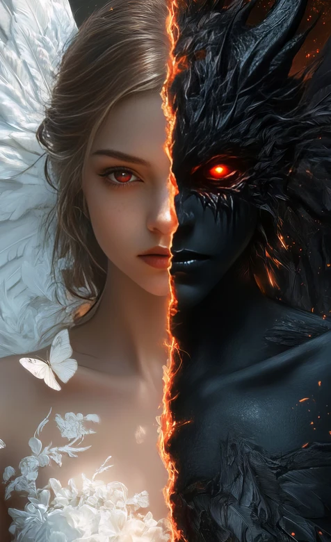 天使恶魔双面绝美女子奇幻插画