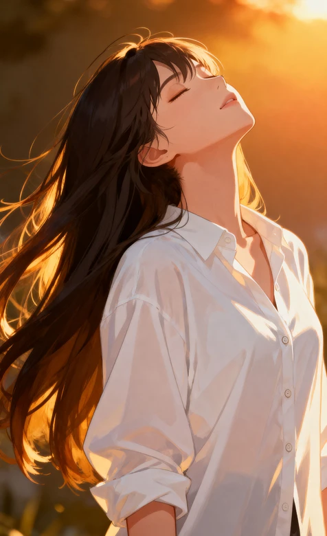 夕阳下闭眼长发女生唯美背影图