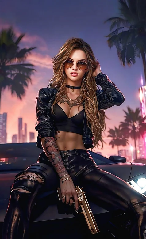 都市夜景赛博朋克风皮衣女骑士
