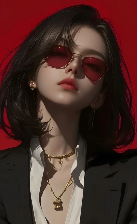 红镜红唇黑西装短发女性时尚人像