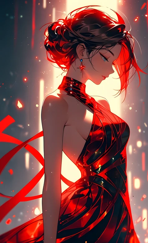 红黑礼服盘发女子 光影飘带红芒碎片