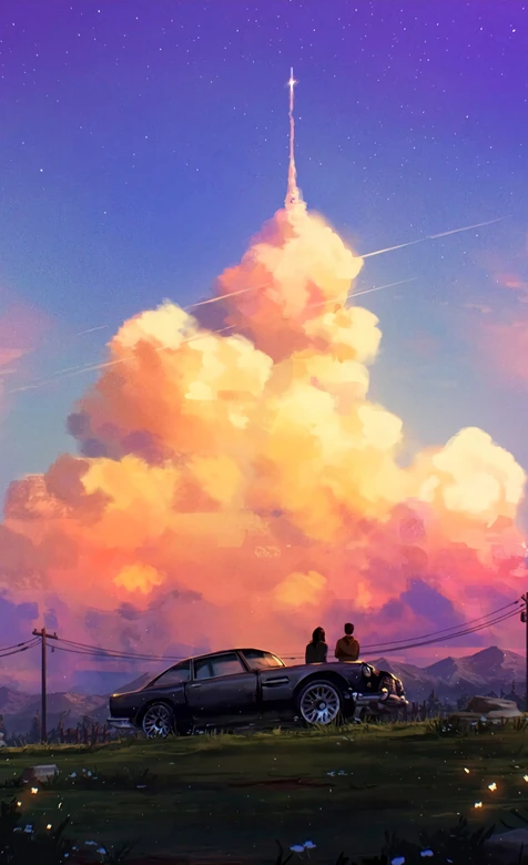 两人坐复古车望火箭橙云插画