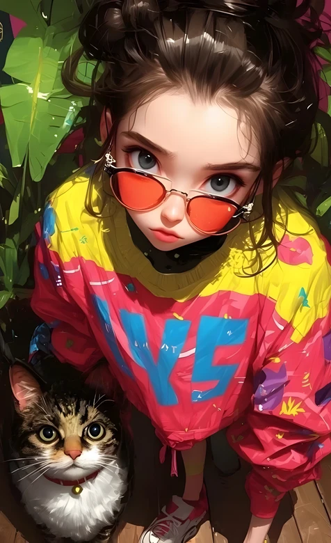 潮酷女孩与萌猫绿植旁插画