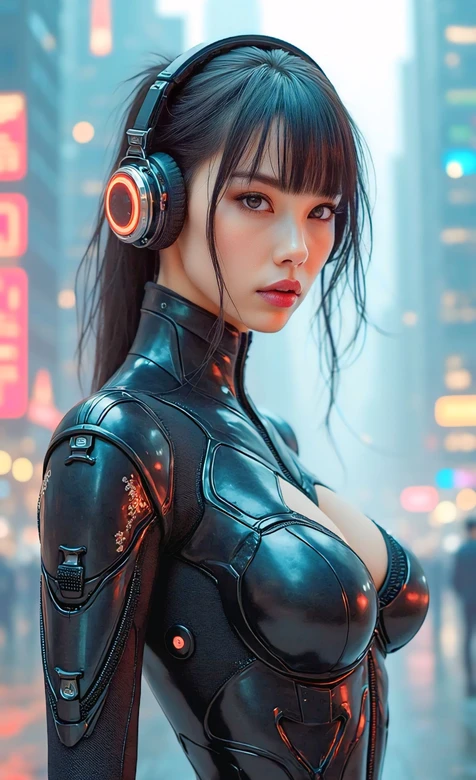 赛博朋克都市耳机少女未来科技风