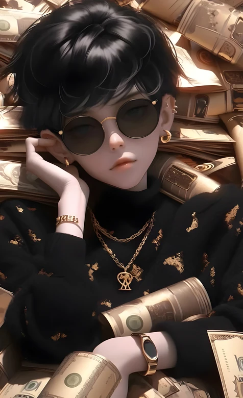 黑金系人物慵懒躺卧钞票堆特写