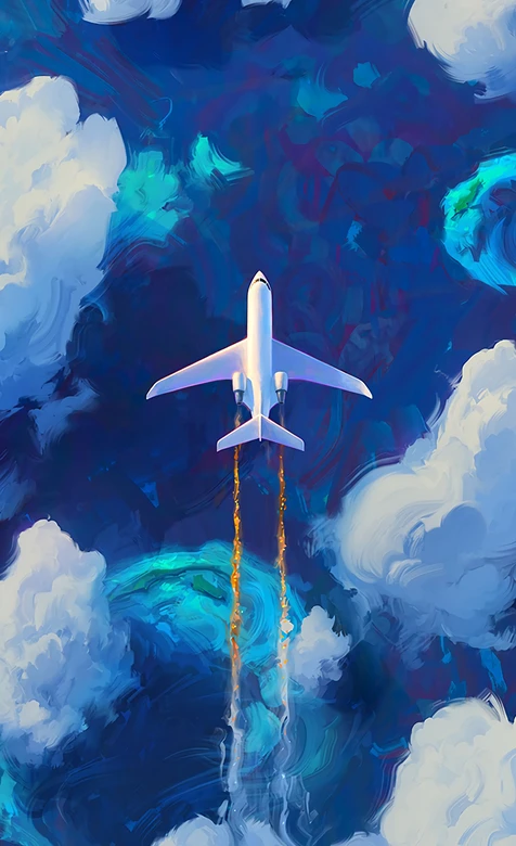银翼飞机穿破云海油画插画风景