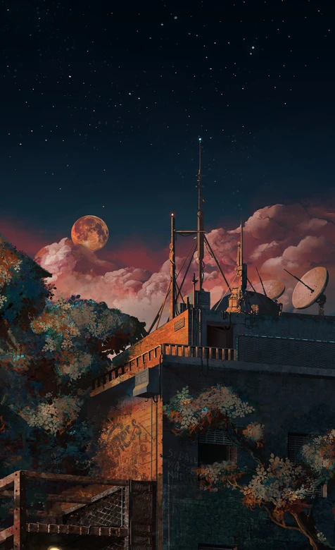 旧楼夜望红月星空图