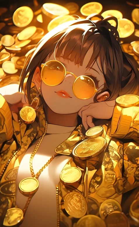 动漫金币女孩戴金色眼镜二次元插画