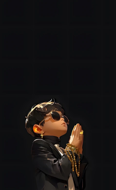 墨镜黑西装男孩合十祈祷戴金饰