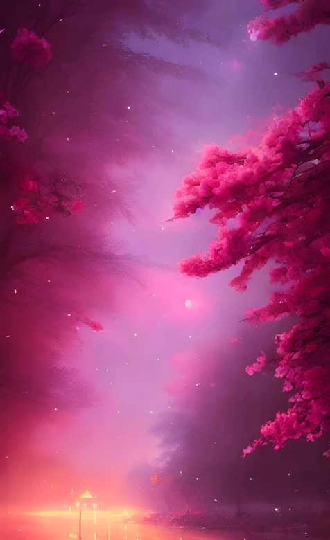 梦幻粉樱夜湖星影小亭图