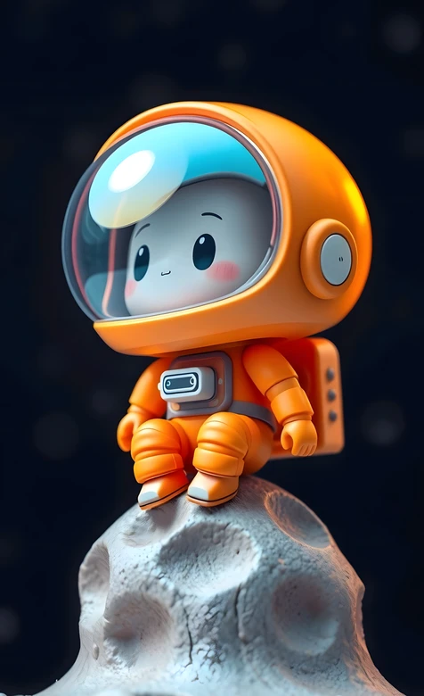 卡通宇航员坐月球岩石上