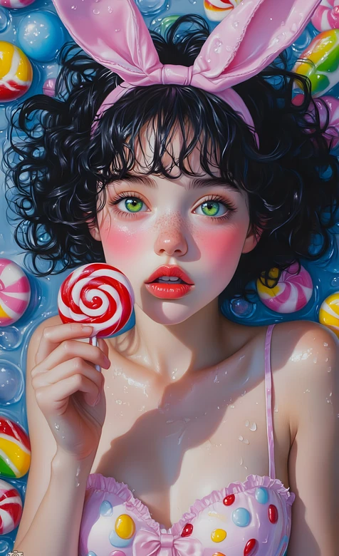 粉兔耳绿瞳少女持棒棒糖糖果浴写真