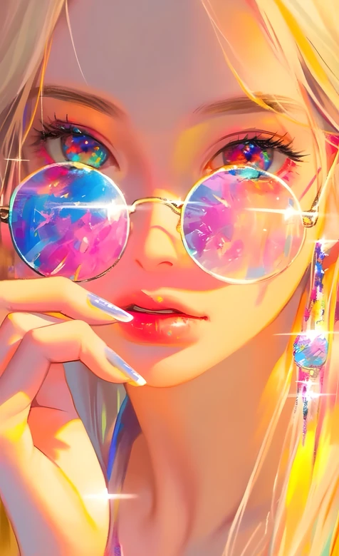 金发少女彩虹眼镜炫彩妆容插画
