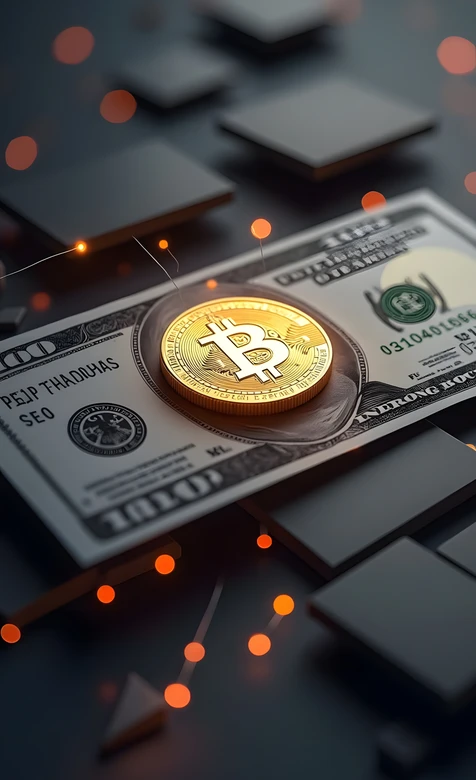比特币金币置于美元纸币上 黑色方块背景橙光点缀