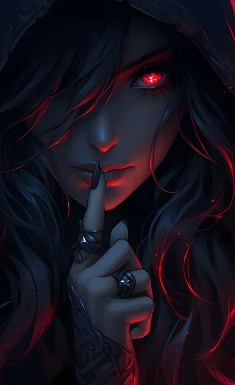 红瞳兜帽暗发黑长直神秘女性