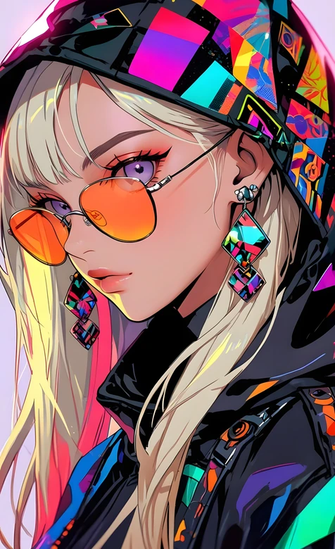 赛博朋克霓虹风金发少女彩色连帽衫