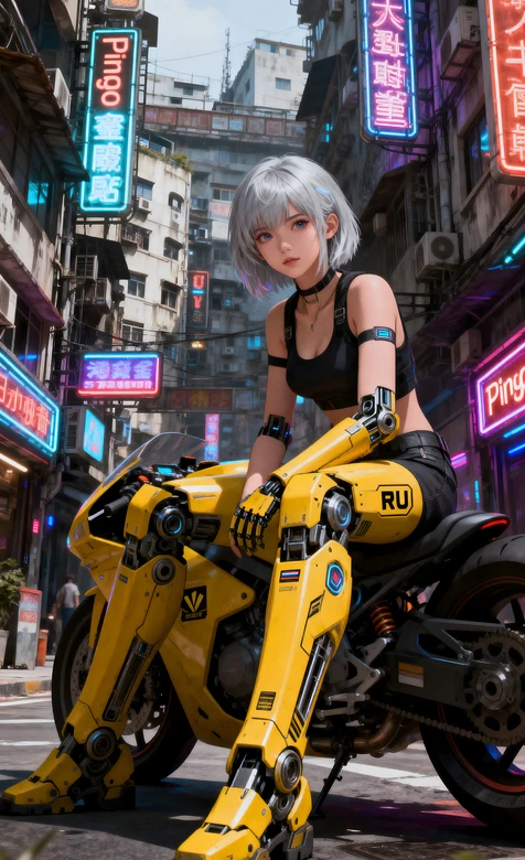 赛博朋克街巷银发机械臂少女与黄色摩托-AIGC