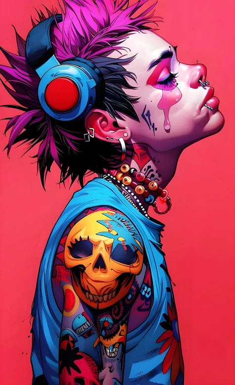 朋克少女粉背景骷髅纹身插画