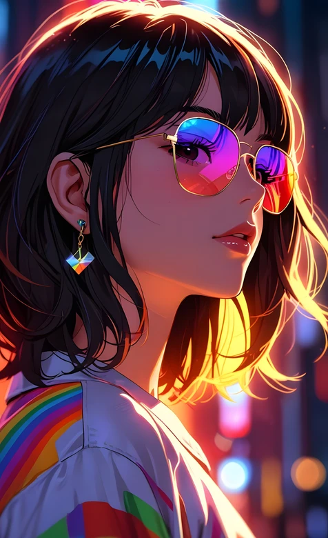 霓虹短发女插画 彩虹墨镜赛博风