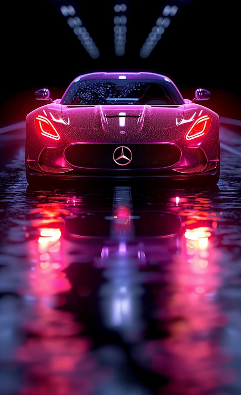 奔驰超跑隧道雨夜灯光倒影图