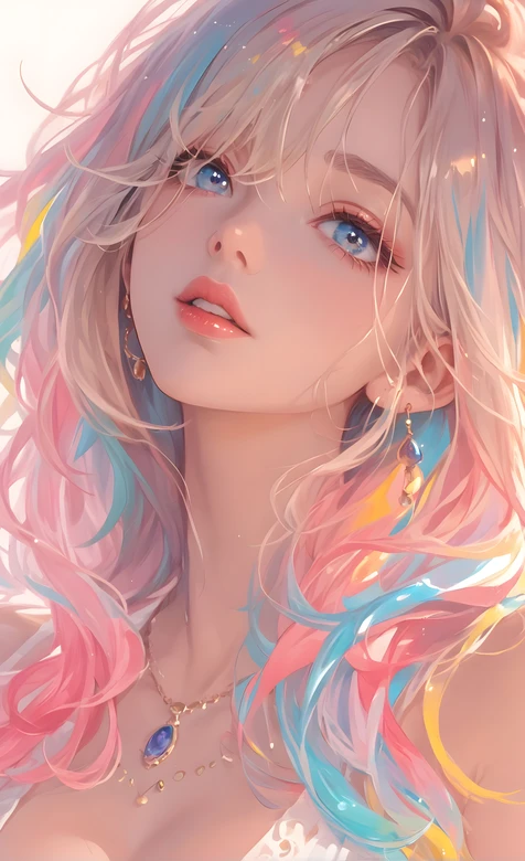 彩虹发少女 梦幻插画 柔和光影-AIGC