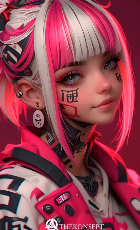 粉白发纹身少女 THEKONSEP T动漫插画