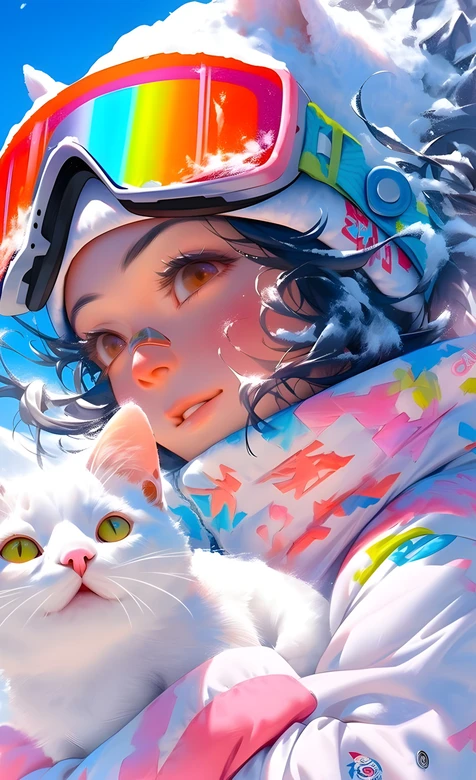 雪地抱猫女孩 彩色护目镜插画