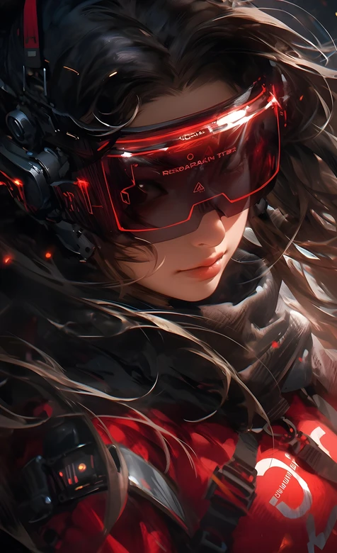 赛博朋克红镜长发女性科幻插画-AIGC