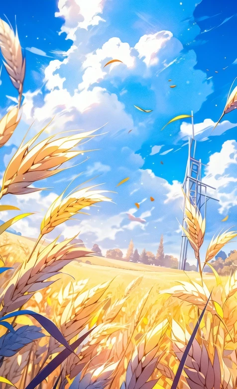 金黄麦田 蓝天白云 田野风光插画