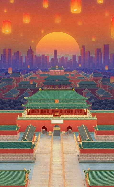 故宫落日古风插画 红墙绿瓦与城市天际线孔明灯夜景