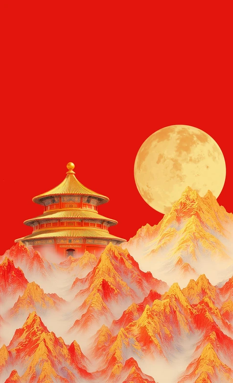 天坛望月红底图 金色山峦中国风传统建筑图