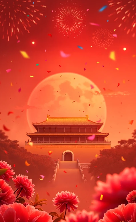 天安门城楼满月烟花夜 红色牡丹中国风