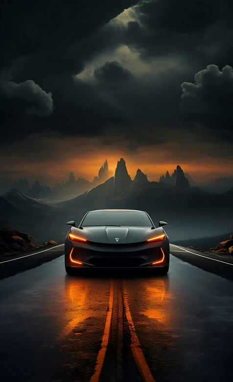 雨夜黄昏山脉道路黑色跑车