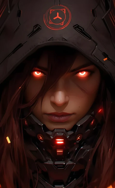 赛博朋克红瞳机械女战士-AIGC