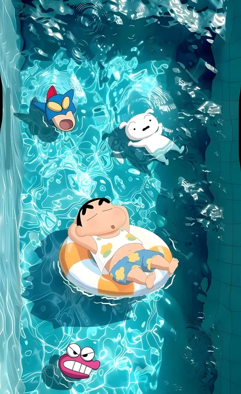 蜡笔小新与伙伴泳池戏水夏日卡通图