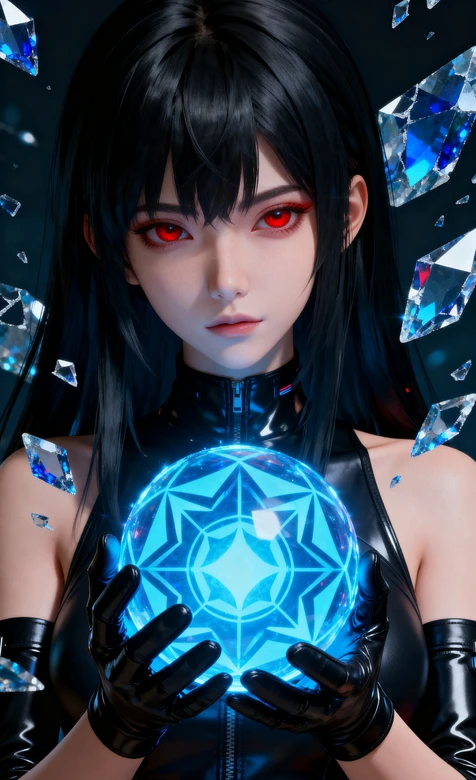 黑发红瞳少女持蓝光水晶-AIGC